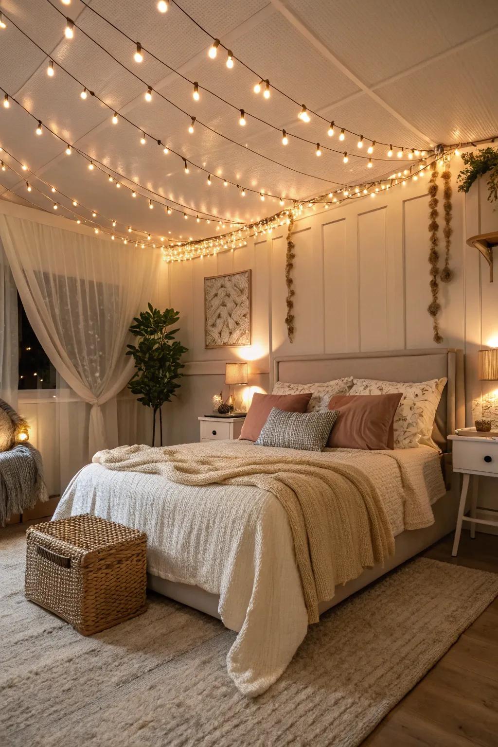 Establish a serene and romantic bedroom setting through cable lighting.
