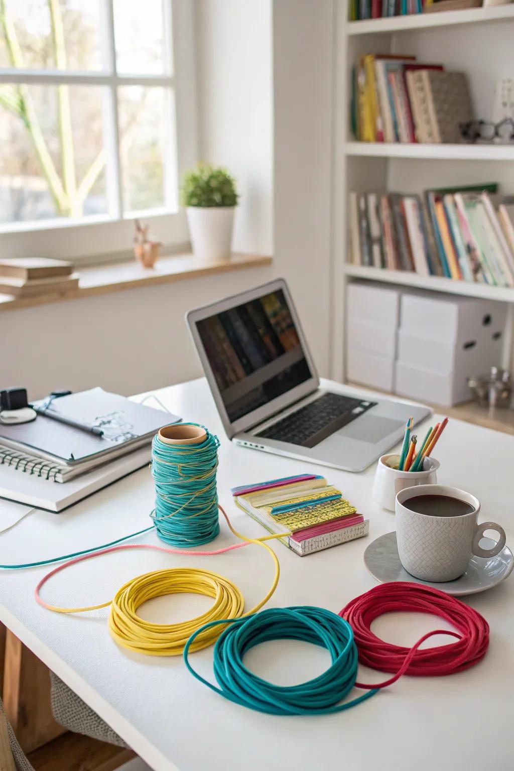 Cables wrapped in vividly colored threads for easy identification.