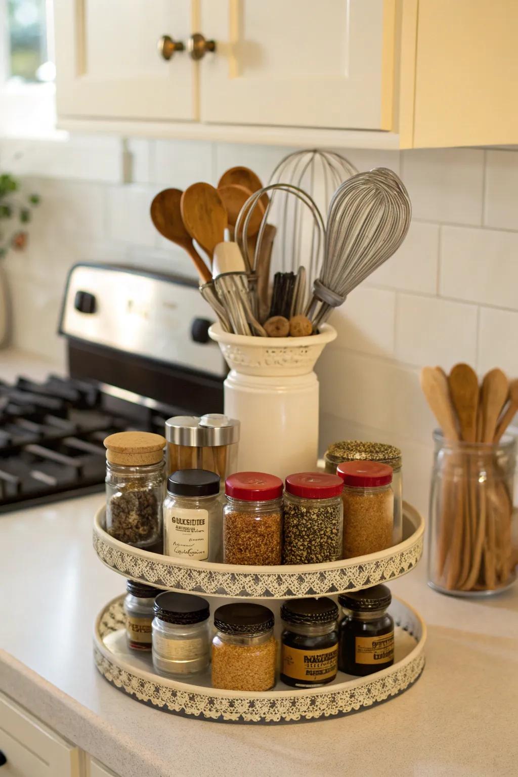 A presentation stand organizes kitchen essentials with flair and convenience.