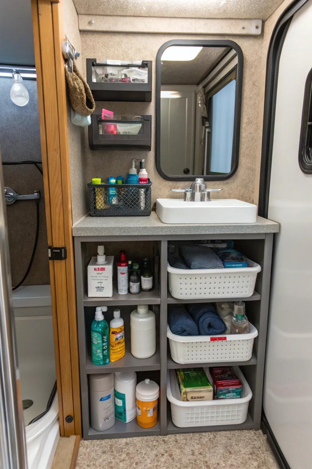 Making use of space under the sink with small shelves for additional storage.