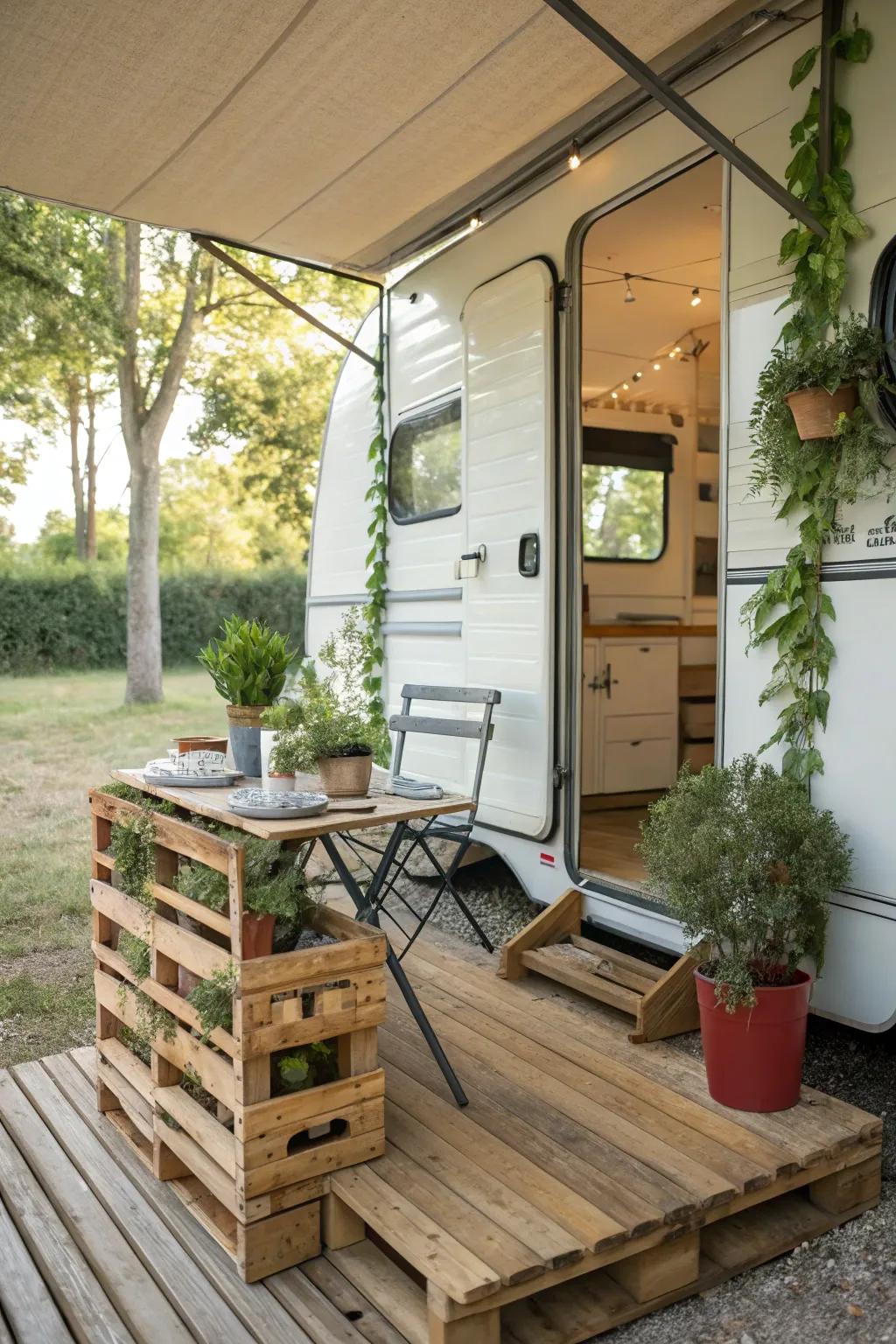 A homemade wood-slat porch offering a rustic and affordable solution.