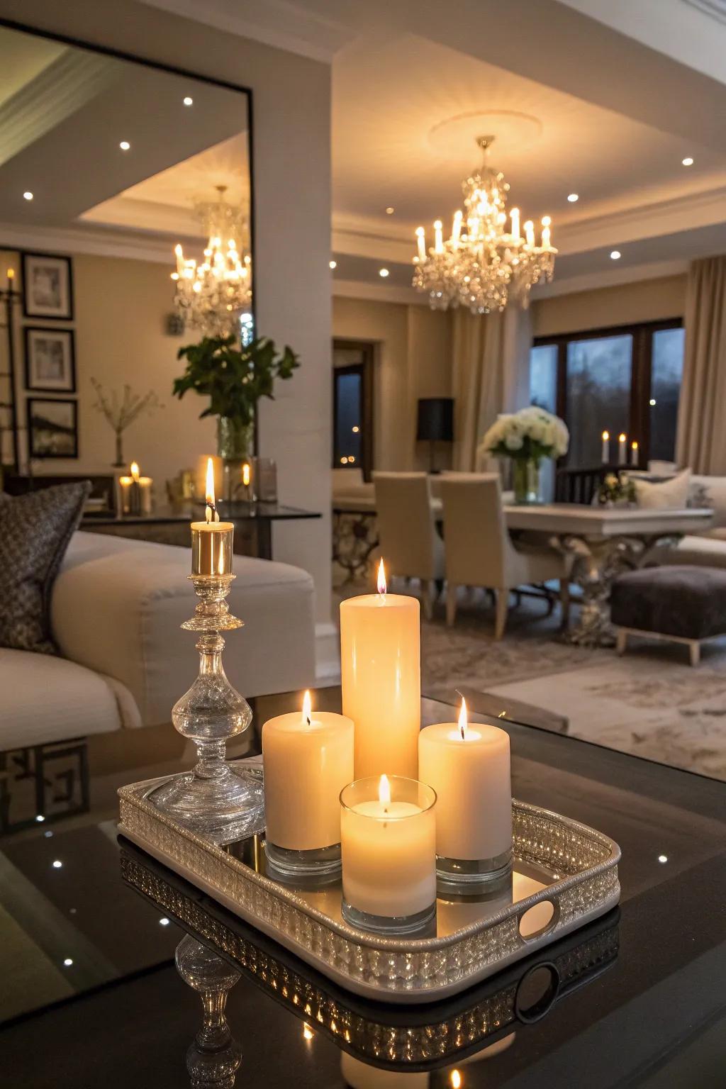 Candles with mirrors underneath create a captivating lighting effect.