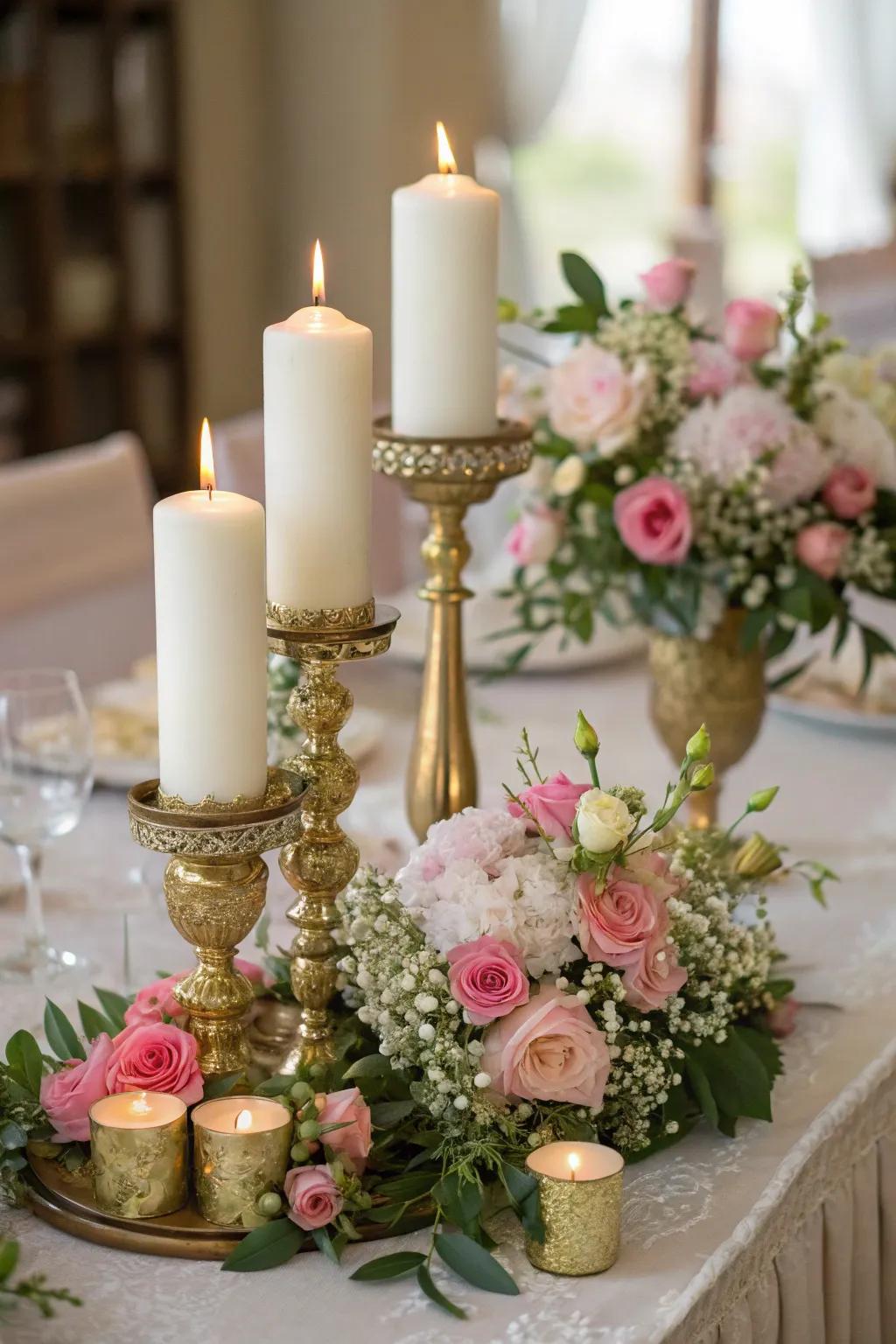 An impressive table focal point featuring candles and gilded accents.
