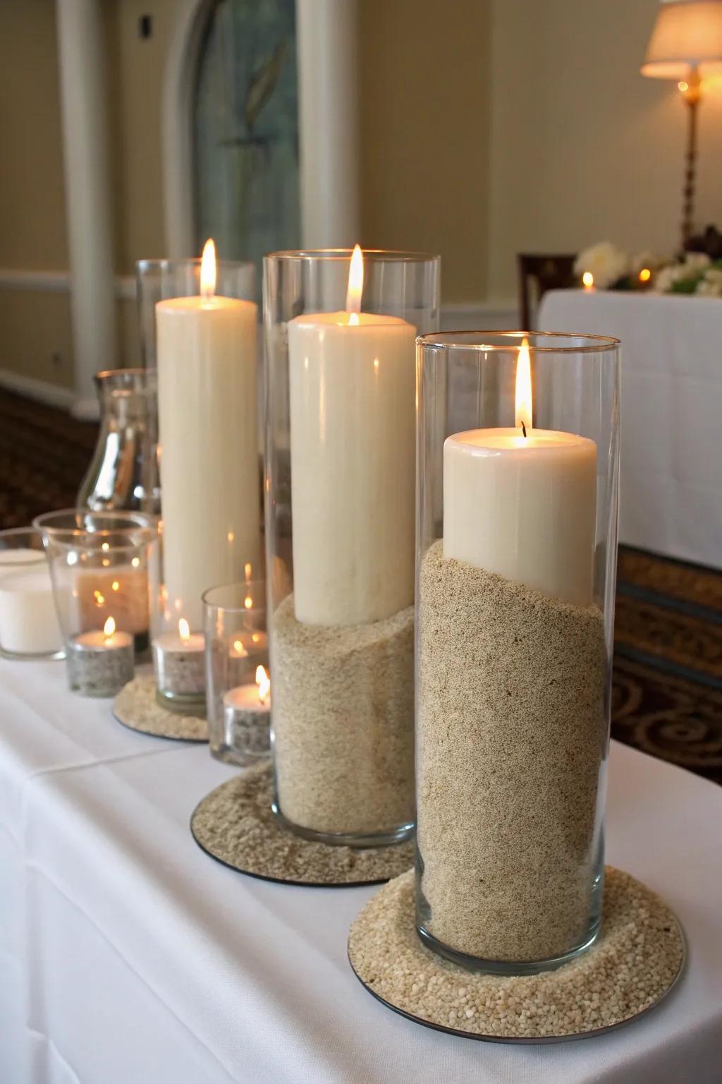 Glass casings filled with sand and tall candles for a coastal aesthetic.