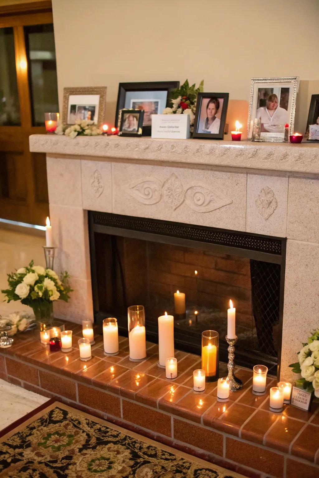 Transforming the fireplace into an altar with candles and meaningful items.