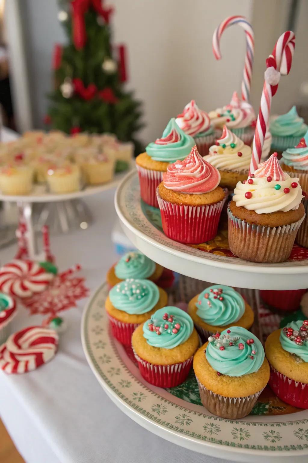 Delight guests with candy cane-topped cupcakes.