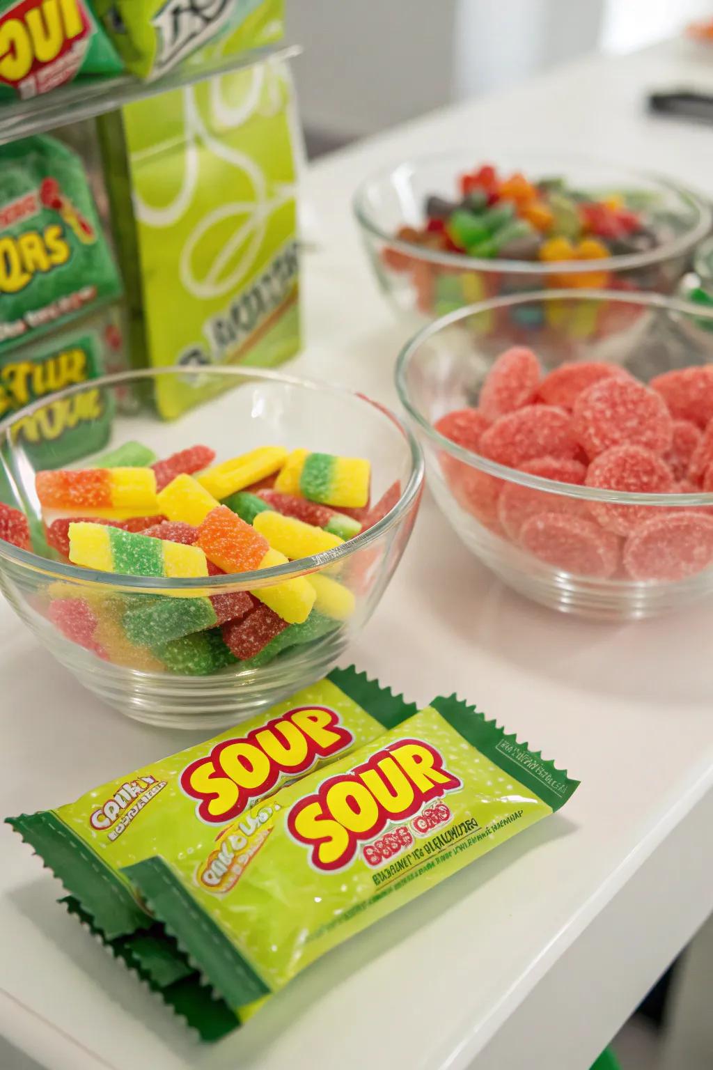 A bold and tangy sour candy bar with vibrant, eye-catching treats.