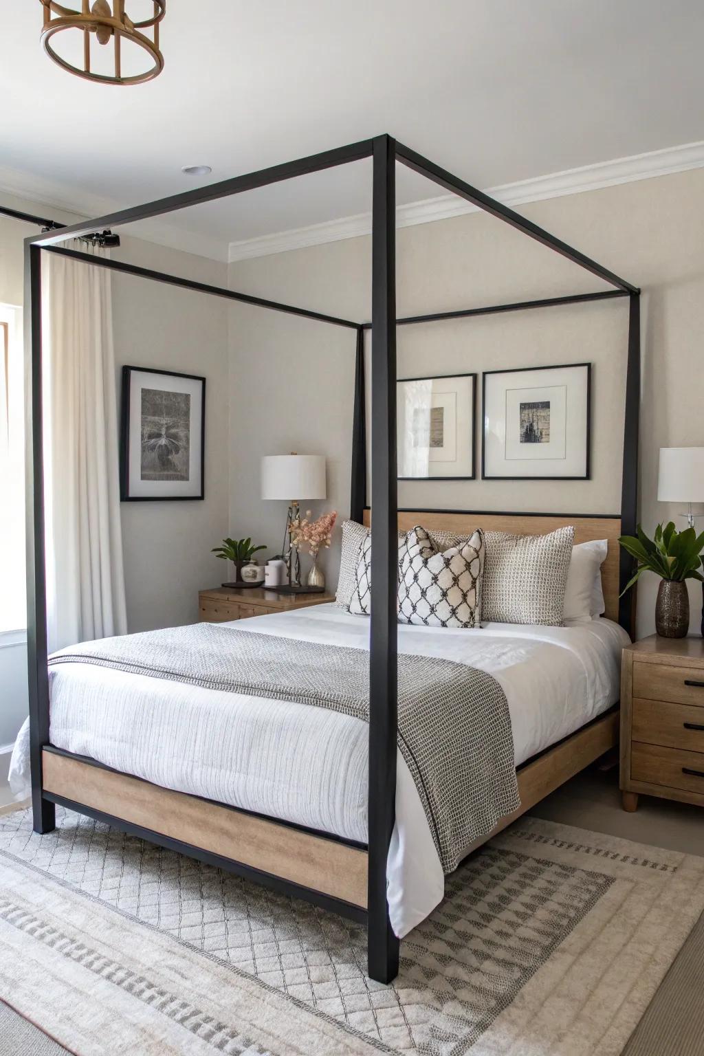A modern canopy bed featuring clean lines and minimalist decor.