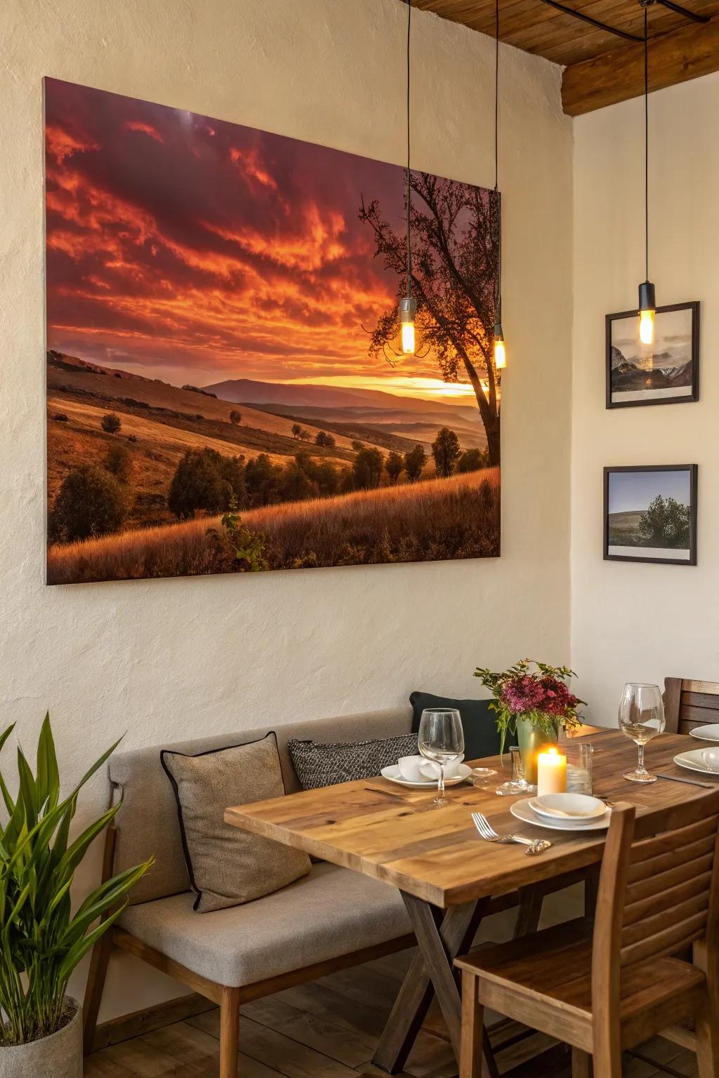 Sunset landscape canvas in a cozy dining area