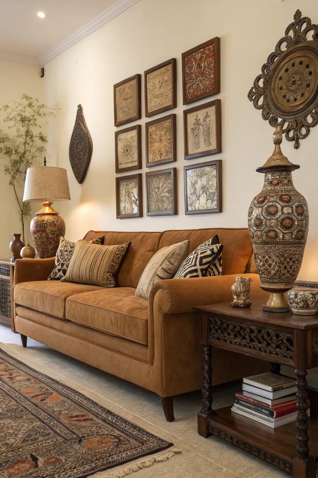 Ornamental pieces personalize a honeycomb sofa setting.