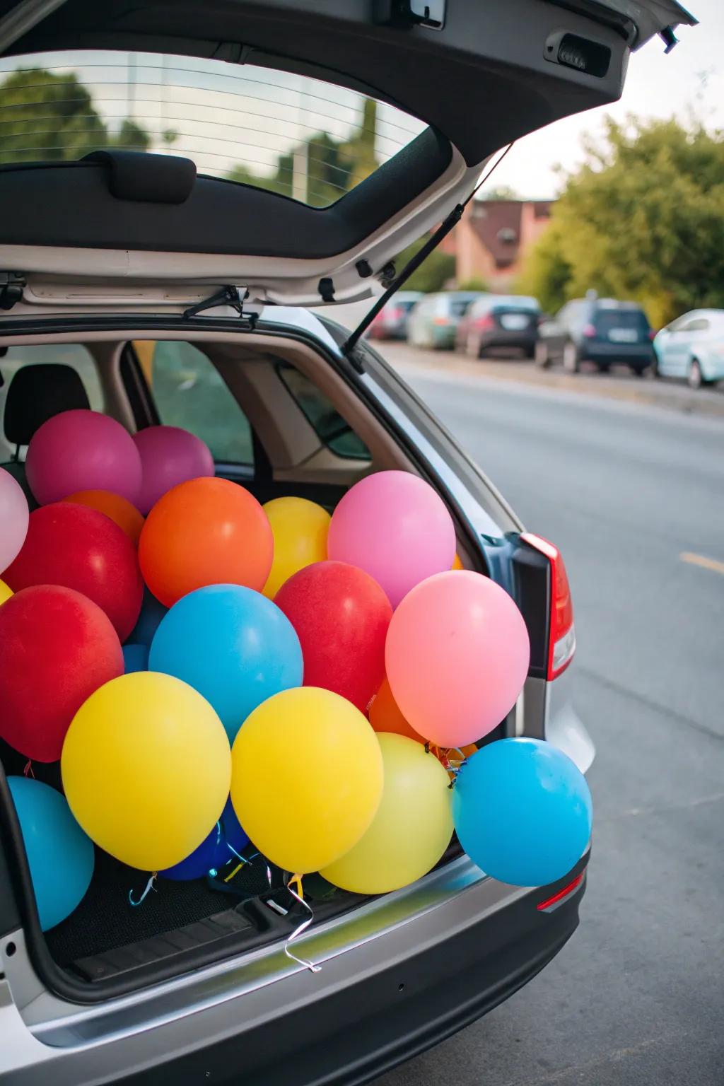 A vibrant balloon-filled trunk, introducing a celebratory element to the carnival theme.