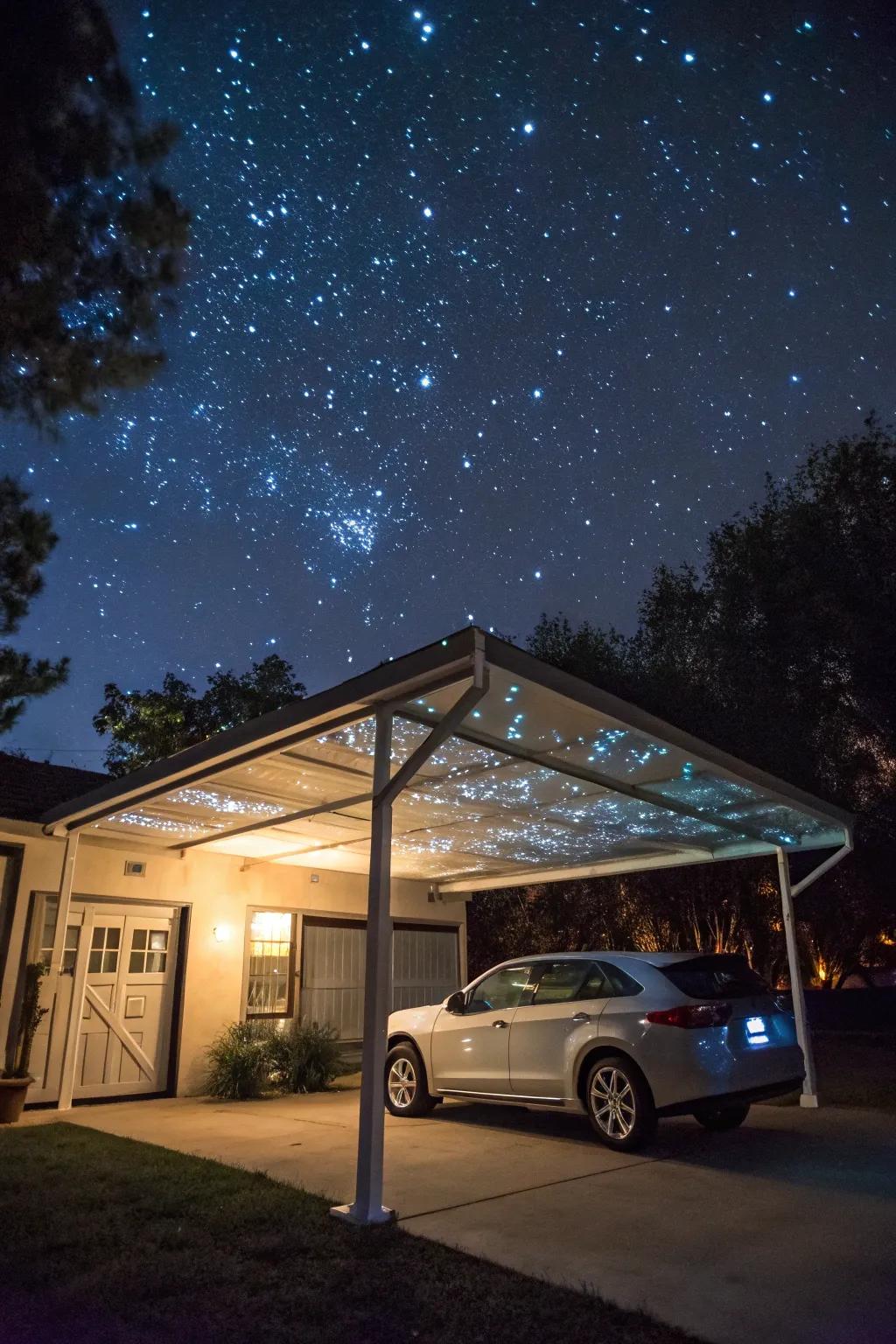 A starry projection infuses a cosmic touch into your carport.