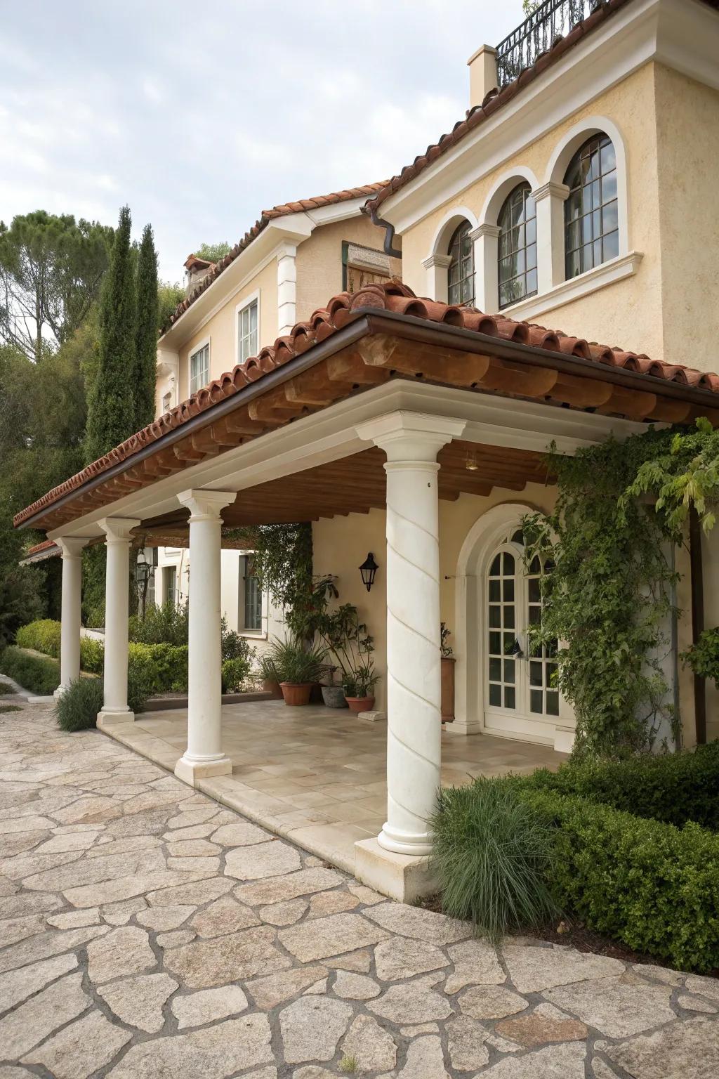 A Mediterranean-style carport featuring terra-cotta charm.