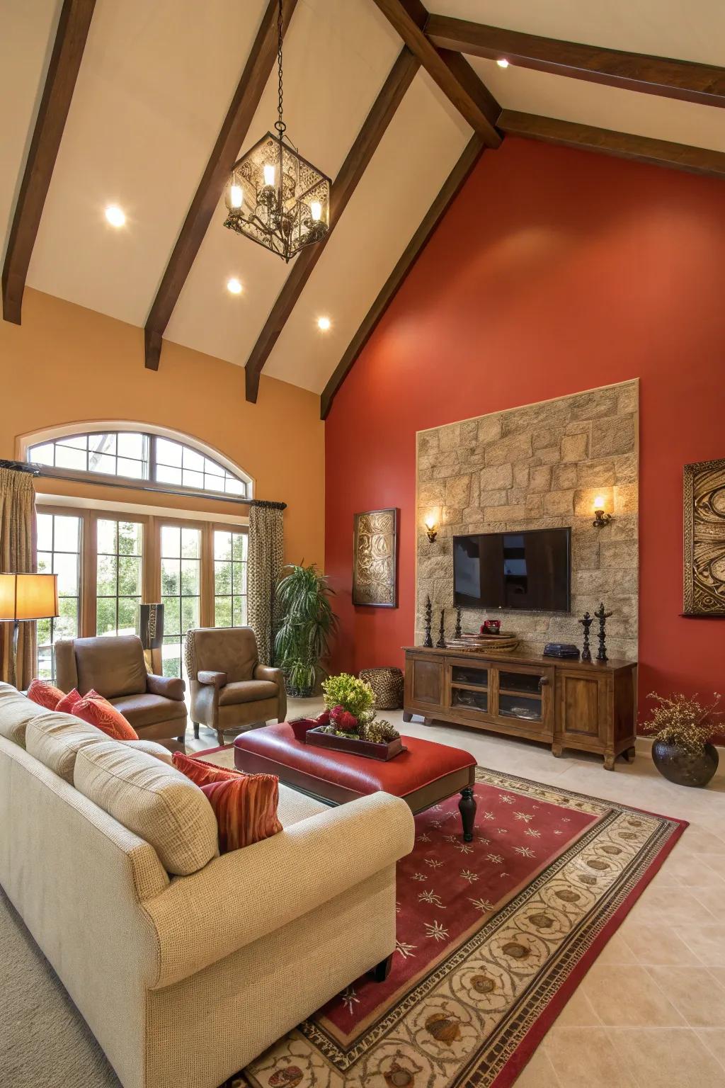A daring feature partition draws the eye in this cathedral-ceilinged room.