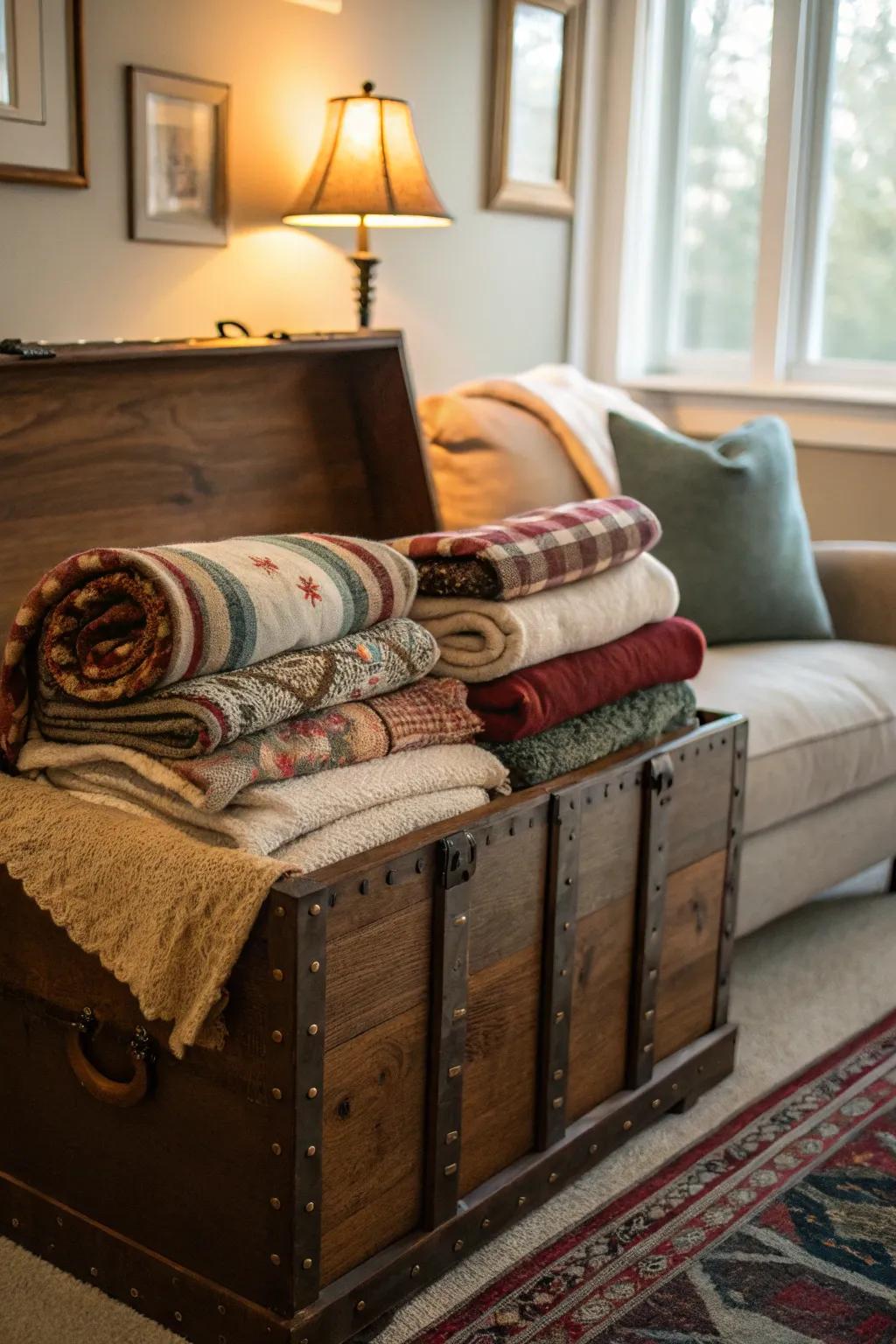 An antique storage chest offers fashionable storage for cozy textiles.