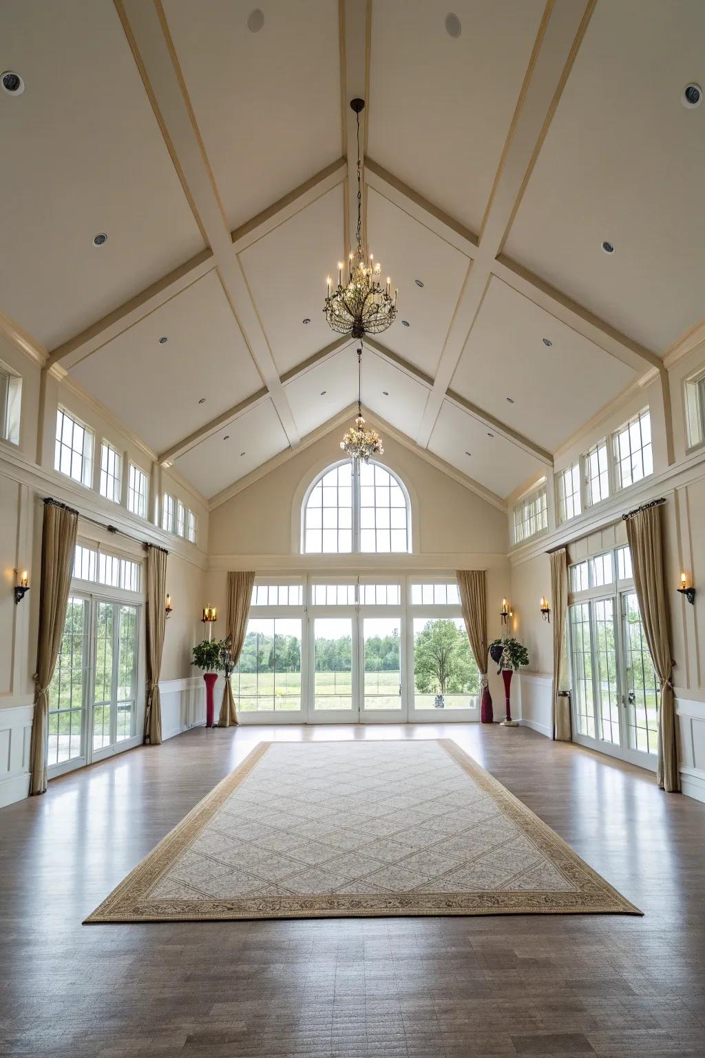 A room with a dramatic vaulted ceiling that adds to the grandeur.