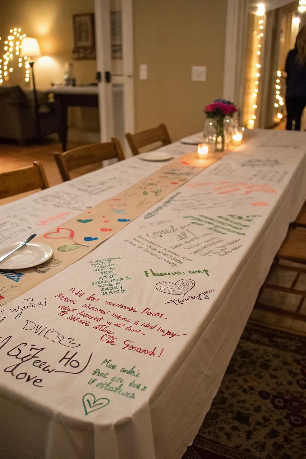 Interactive table fabrics invite guests to leave personal notes.