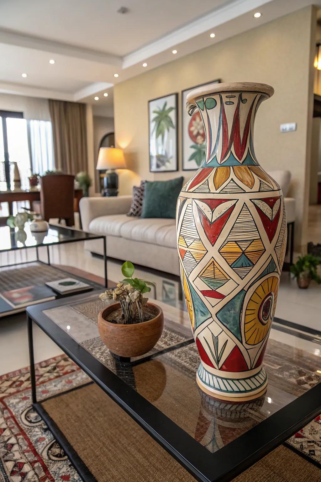 An abstract ceramic vase adds a modern edge to the living room decor.