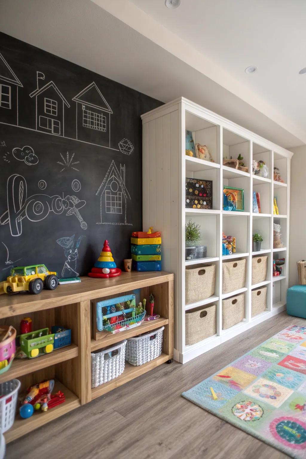 Chalkboard wall with built-in space keeps playrooms neat.