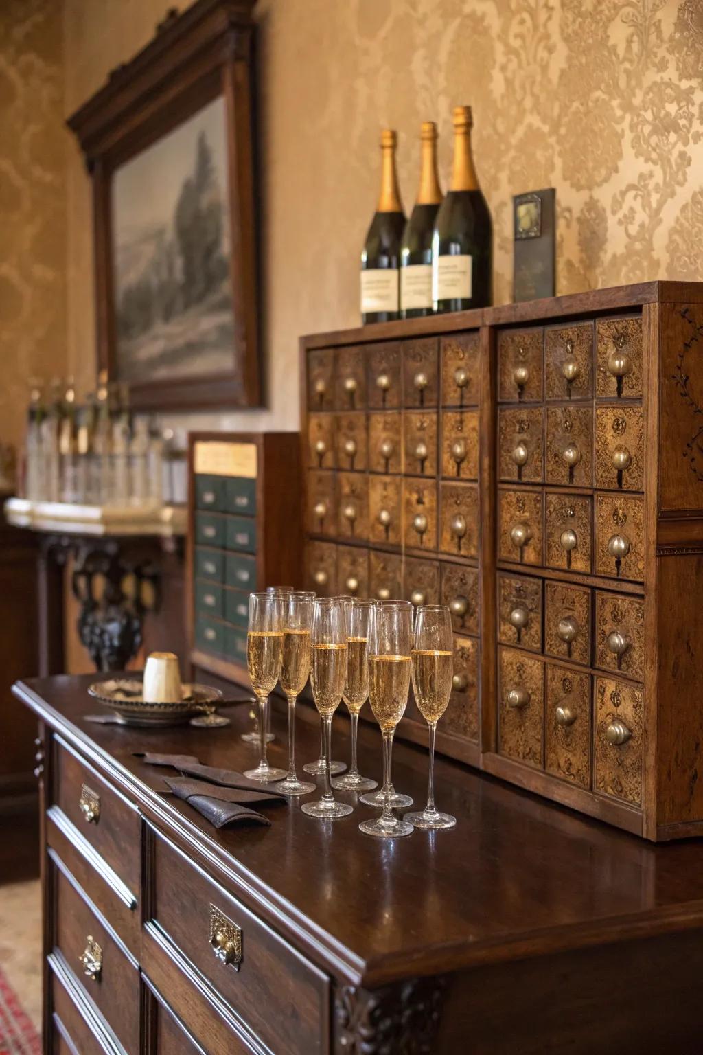A vintage sparkling wine station crafted from antique furnishings.