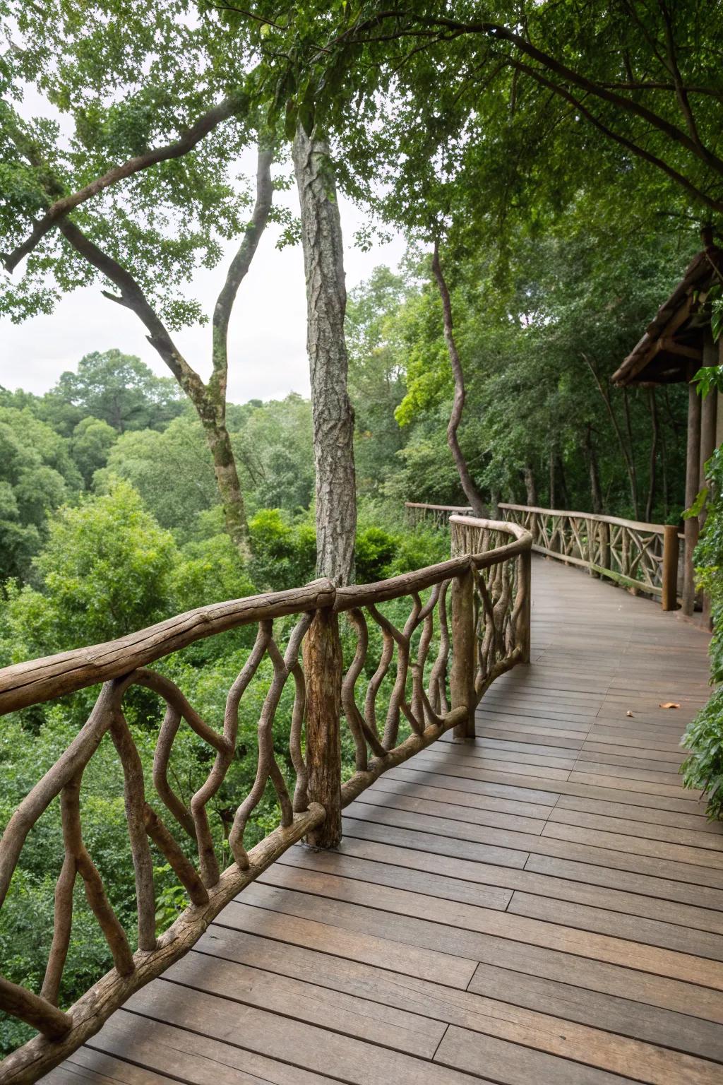 Natural elements like branches contribute rustic charm to deck railings.