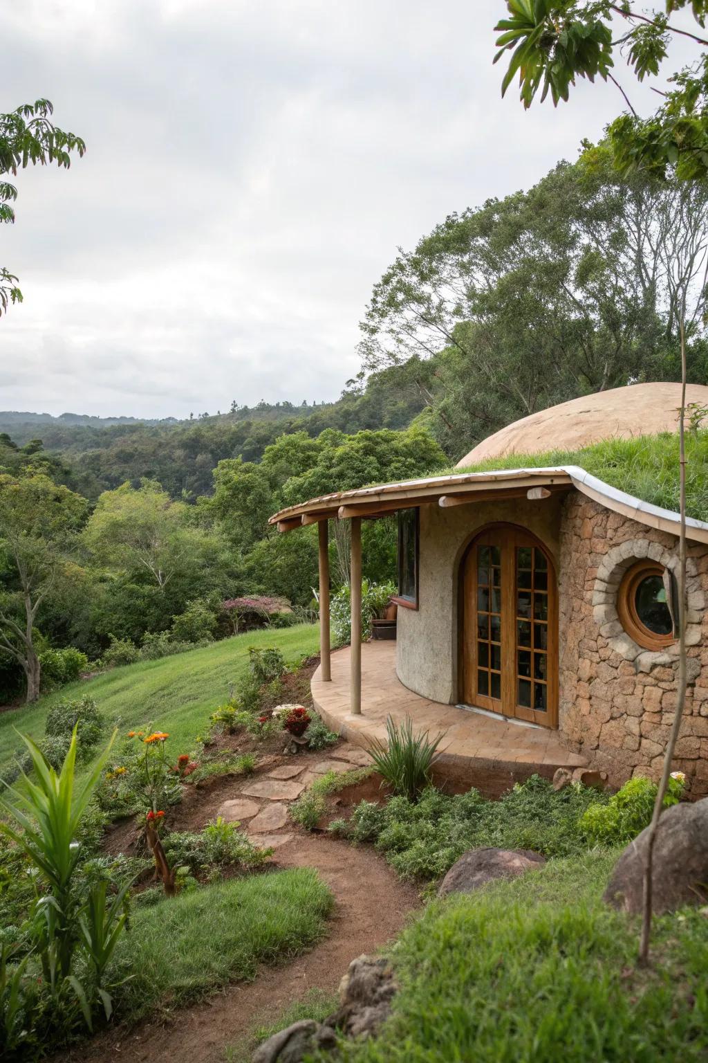 Eco-friendly earth-friendly home nestled in lush surroundings.