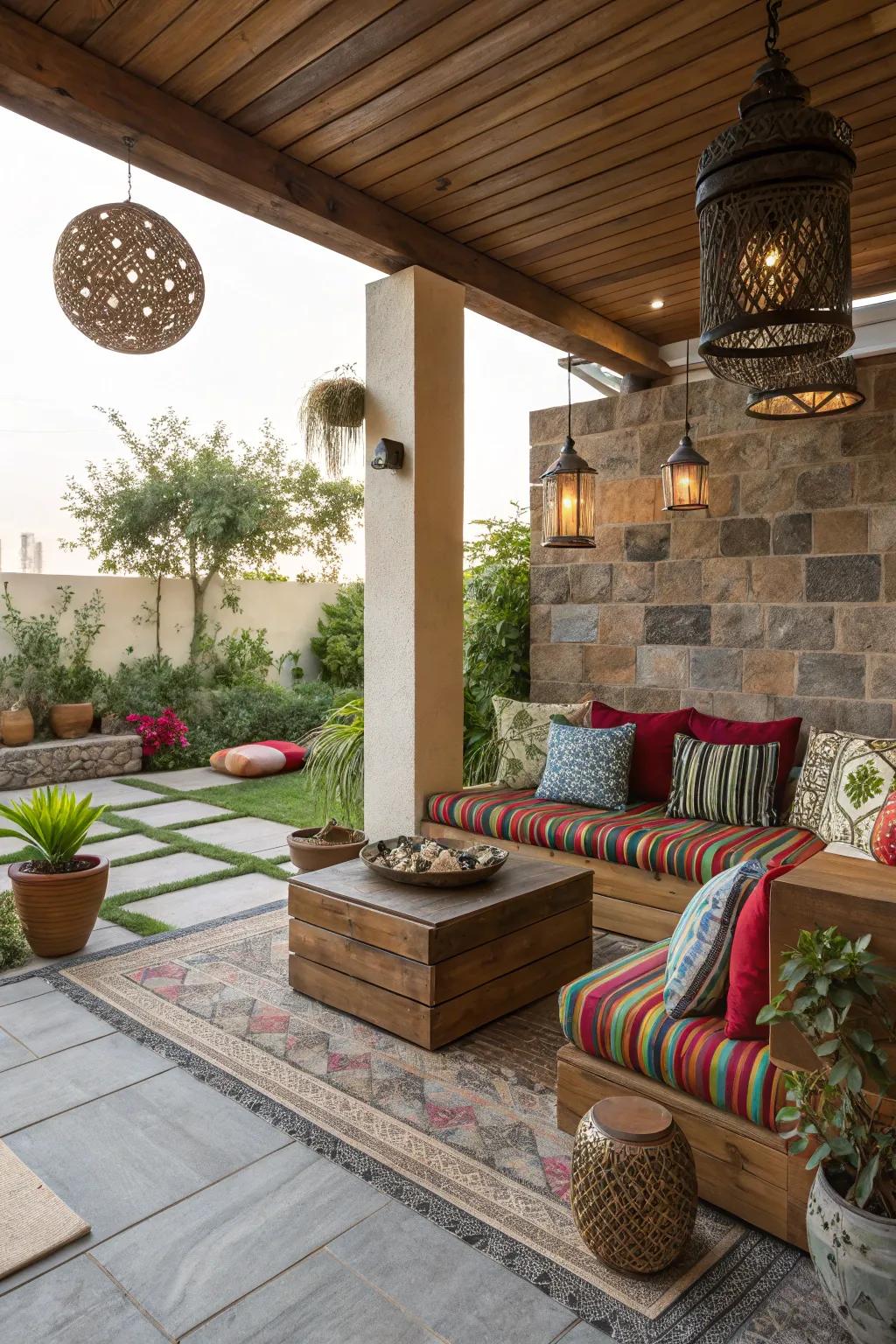 Mixed materials creating a modern, eclectic patio.