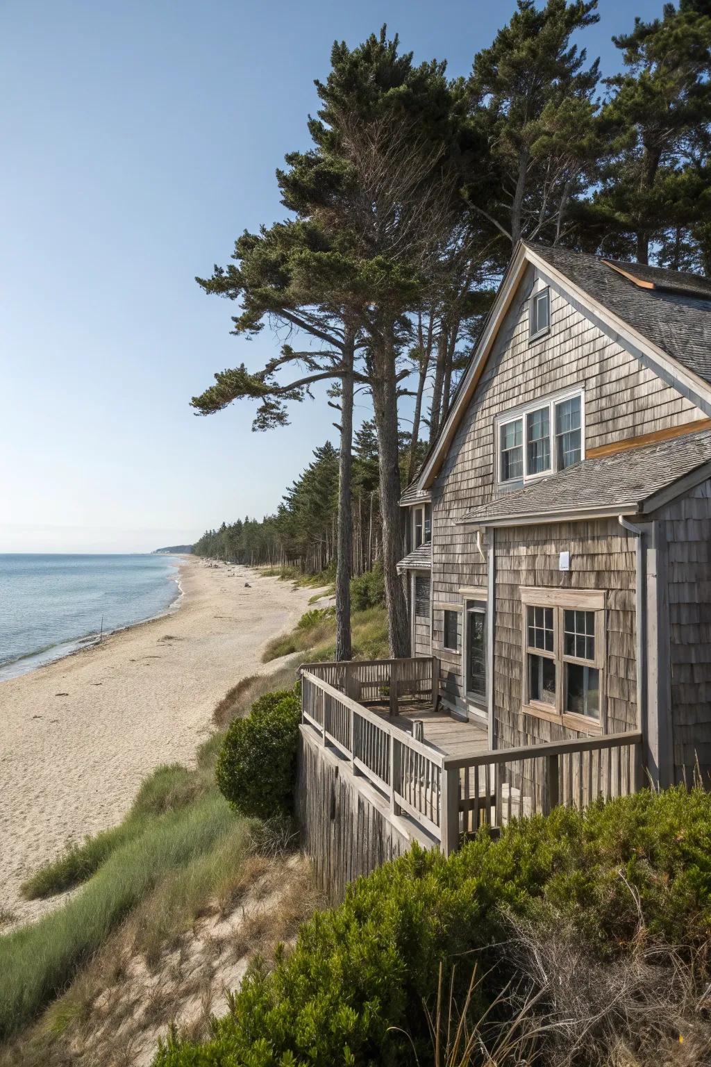 Wooden panel siding gives a warm, coastal charm.
