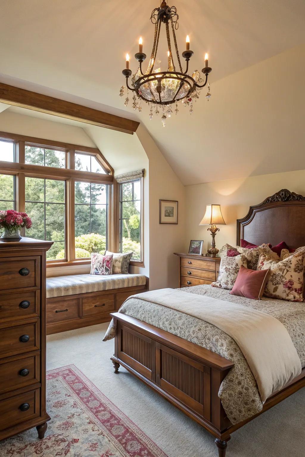 Feature lighting enhancing the beauty of maple hardwood furniture.