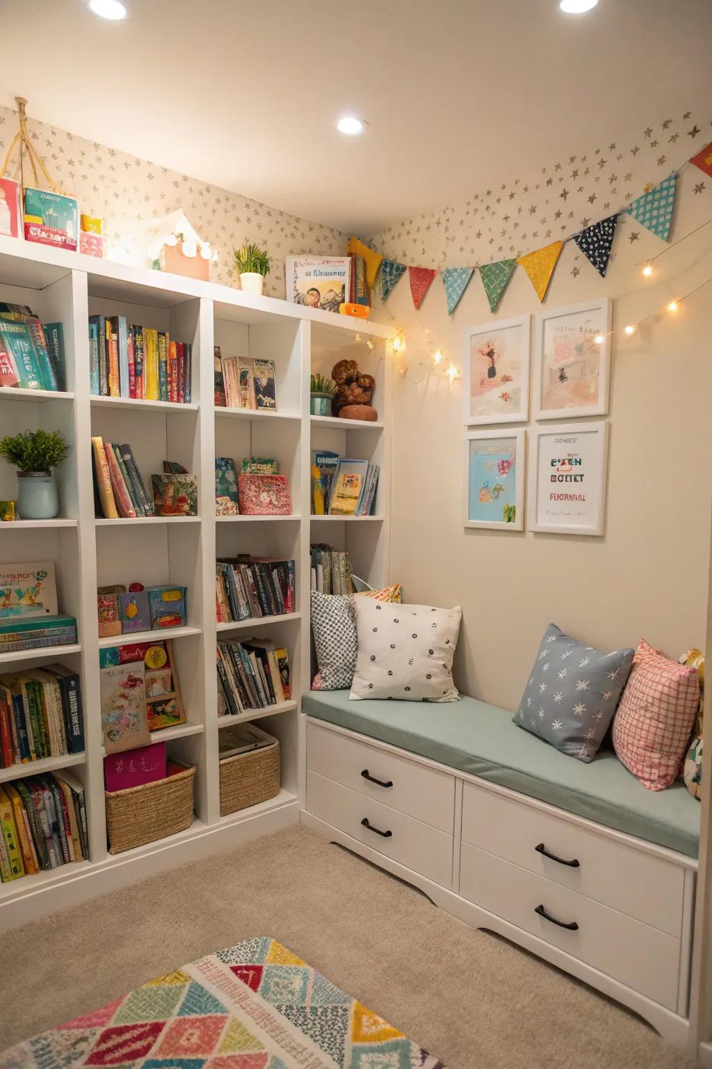 Integrated seating creates a cozy reading nook.