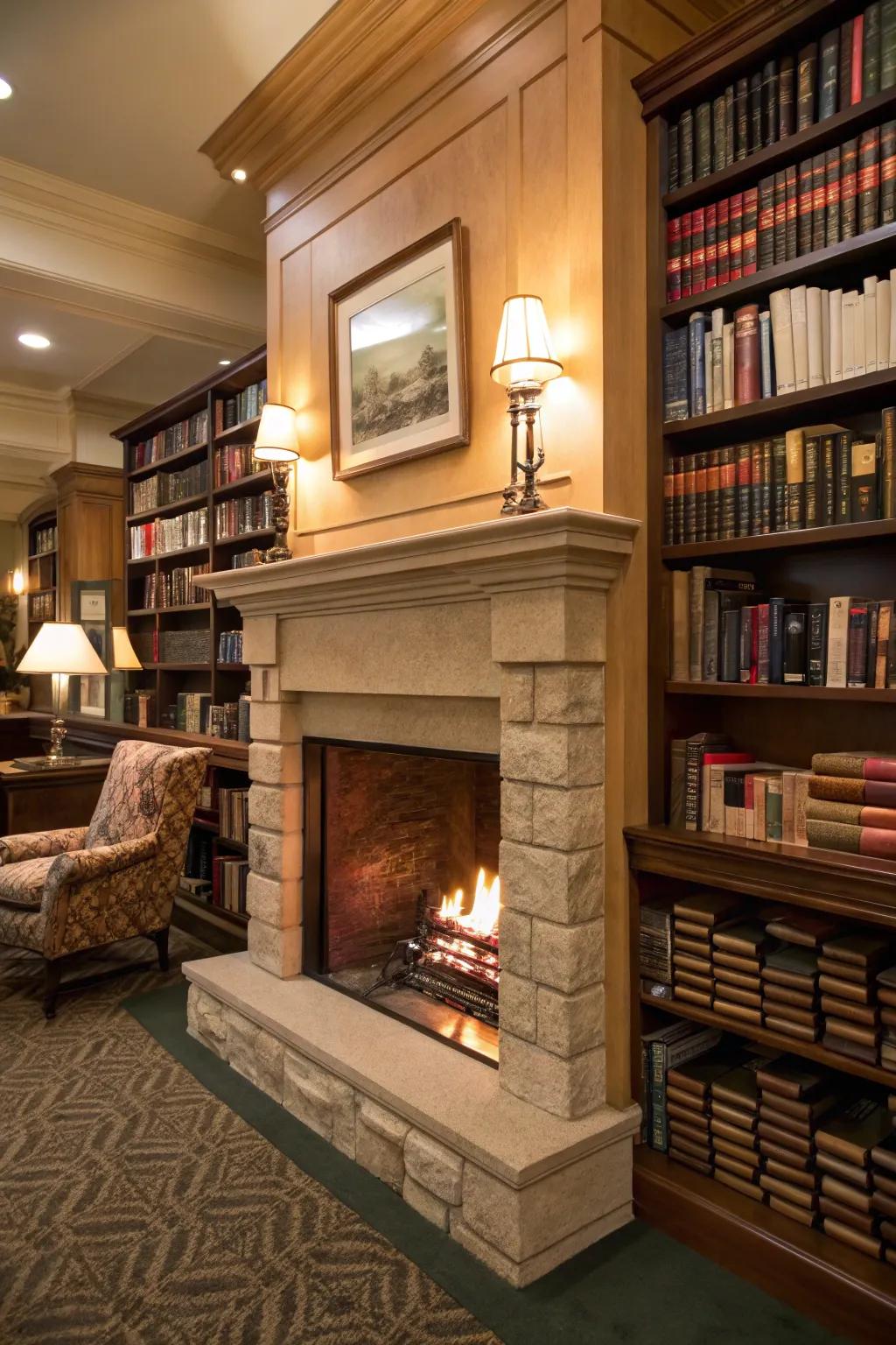 Books positioned near the fireplace add a sense of comfort and learned charm.