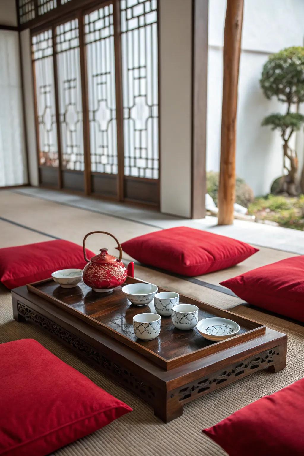 A serene tea rite configuration intended for a secluded instance.
