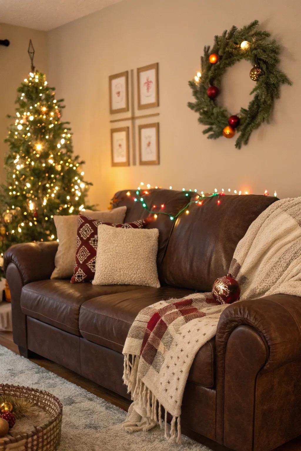 Seasonal decorations introduce celebration and freshness to a cocoa sofa living room.