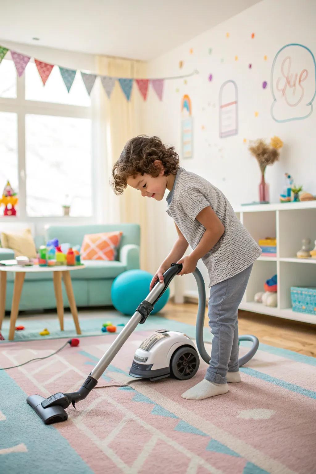 A young helper masters the craft of vacuuming.