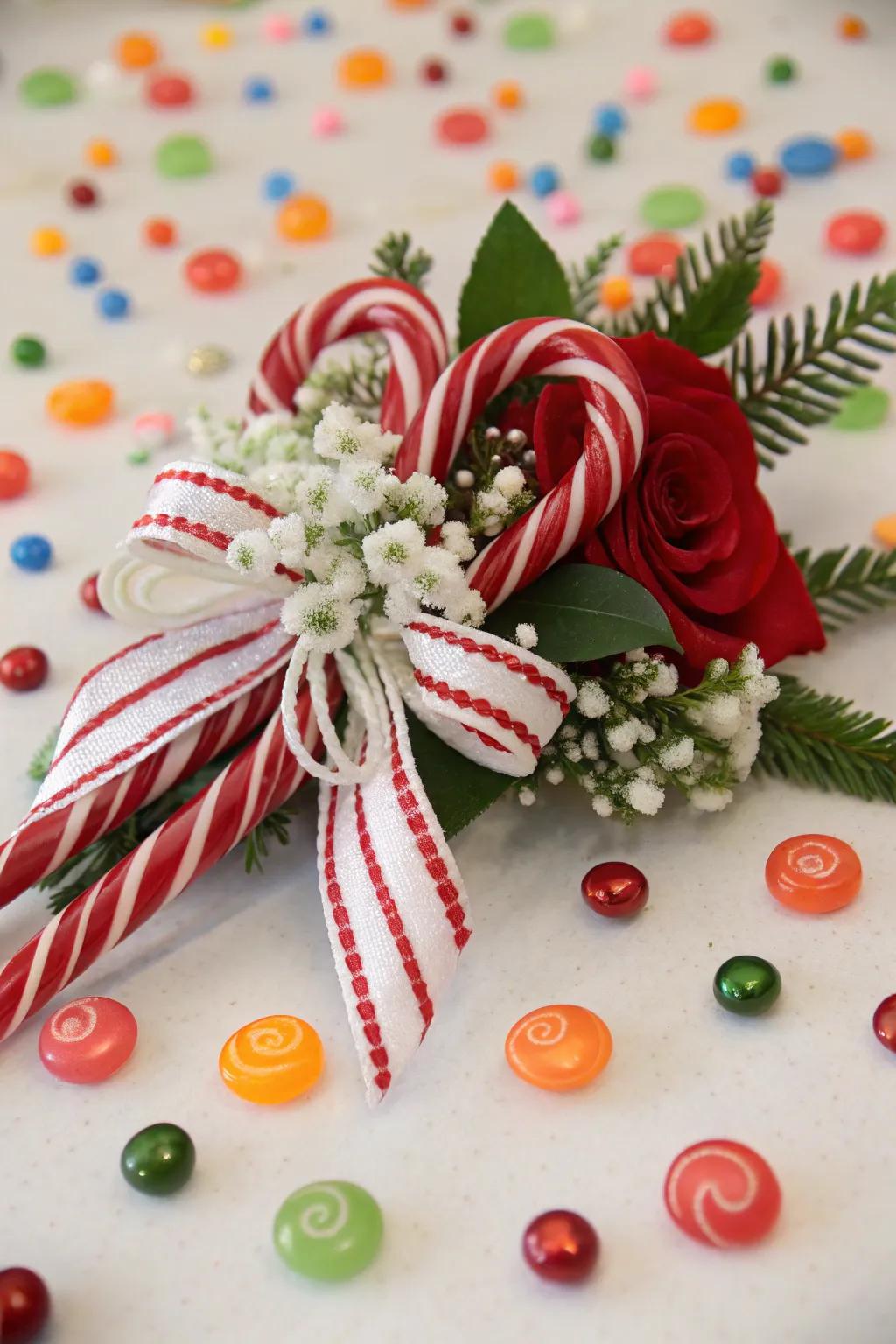 A spirited Christmas corsage showcasing confection cane-inspired filaments.