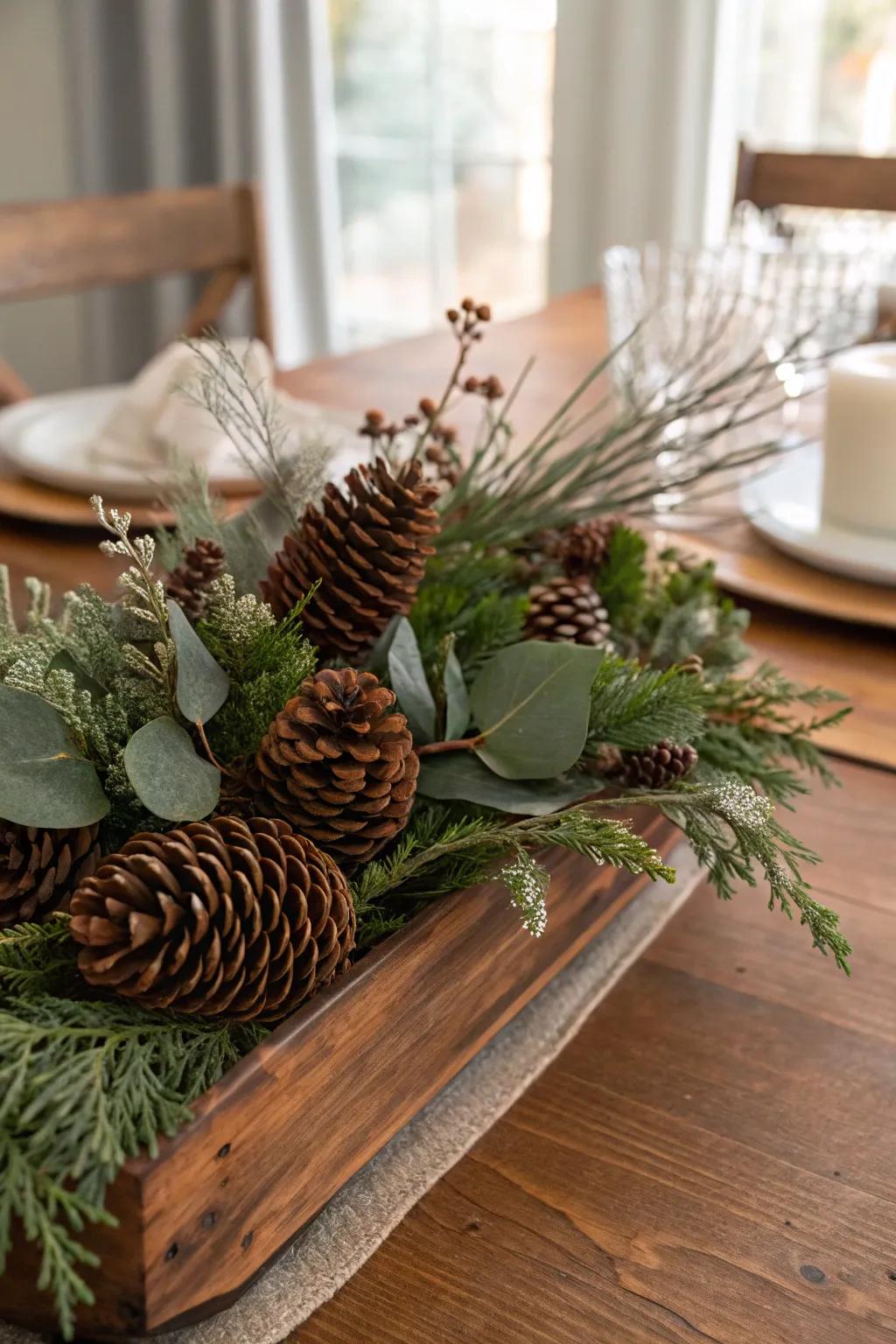 Pinecones and branches create a natural, earthy elegance.