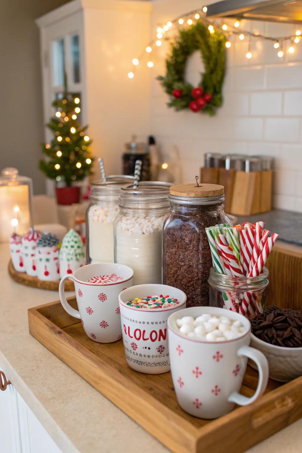 A hot chocolate station is a cozy addition to the kitchen.