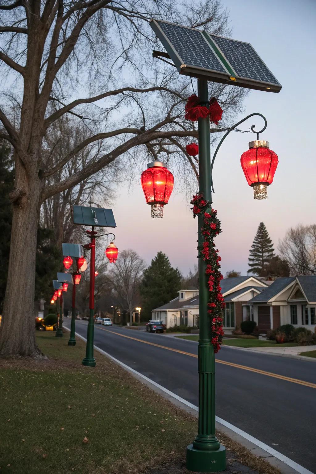 Sun-powered lamps illuminate a lamp post using festive colors.