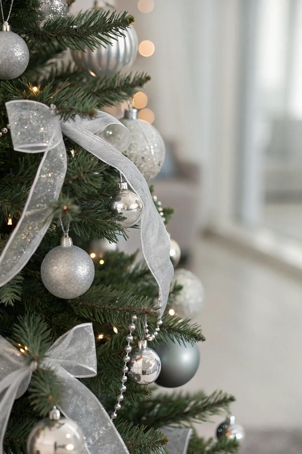 A Christmas tree adopting a single-hue argent theme, exhibiting elegance and sophistication.