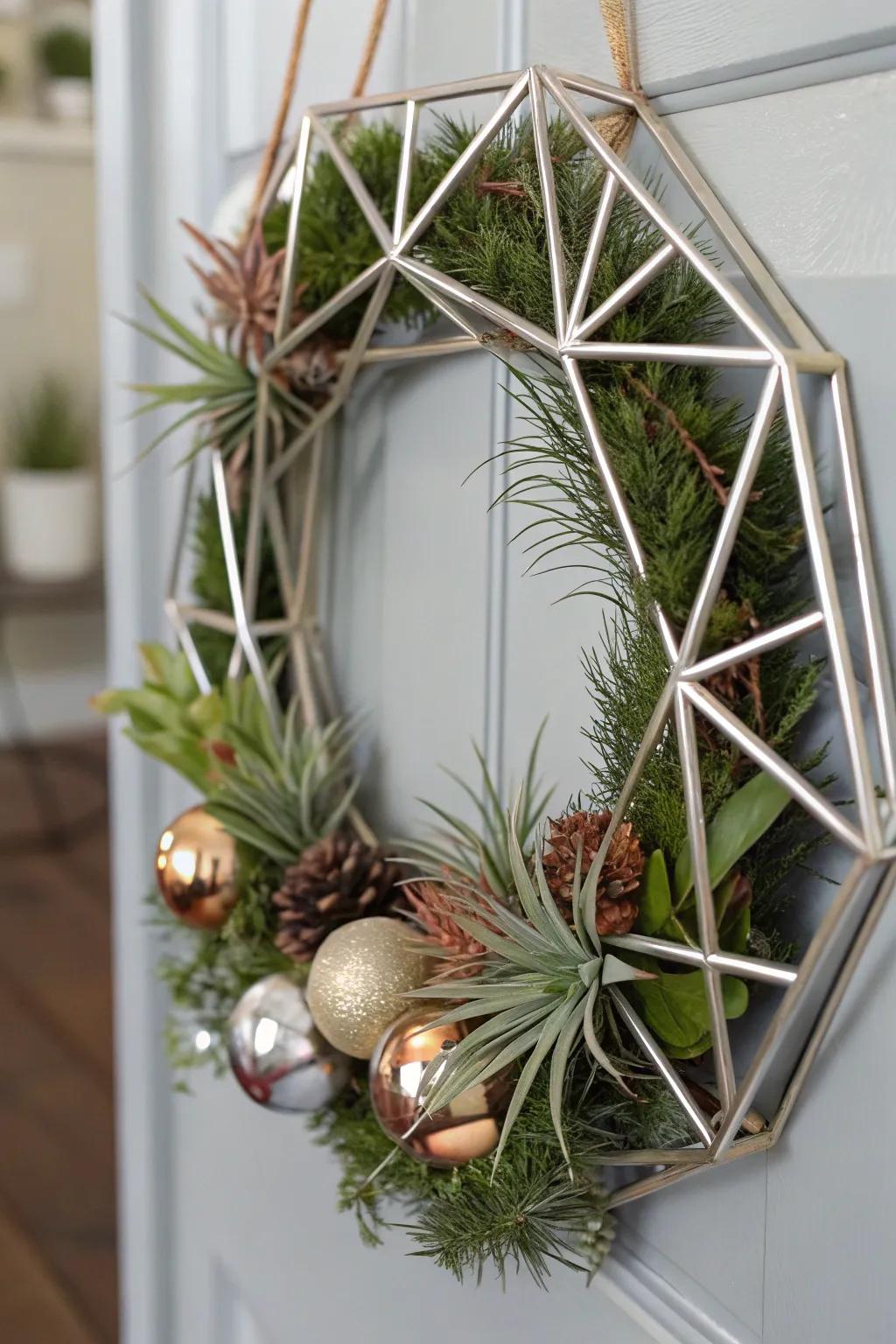 A modern geometric wreath with metallic accents and air plants.