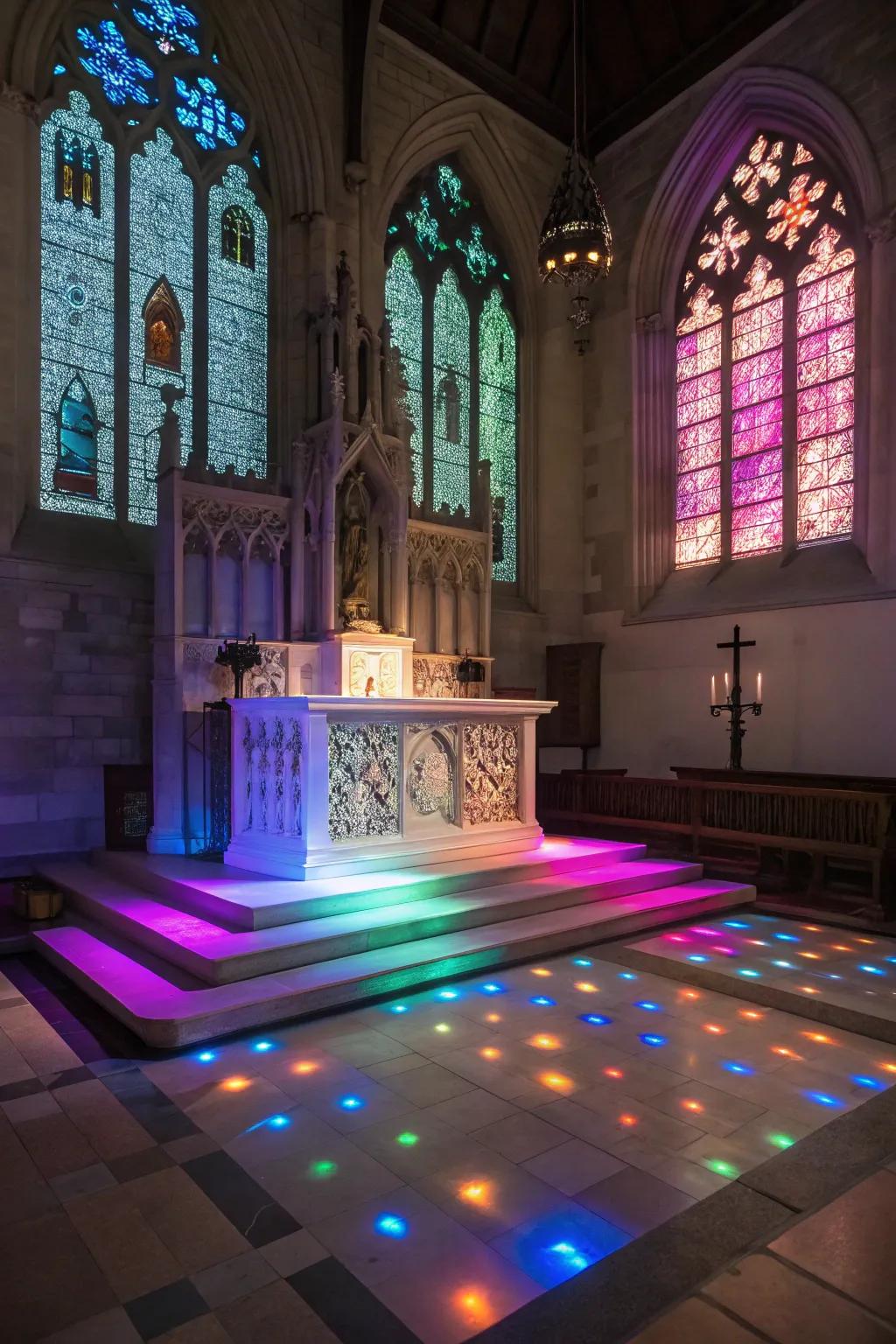 An altar featuring dynamic interactive light installations that reflect different themes.
