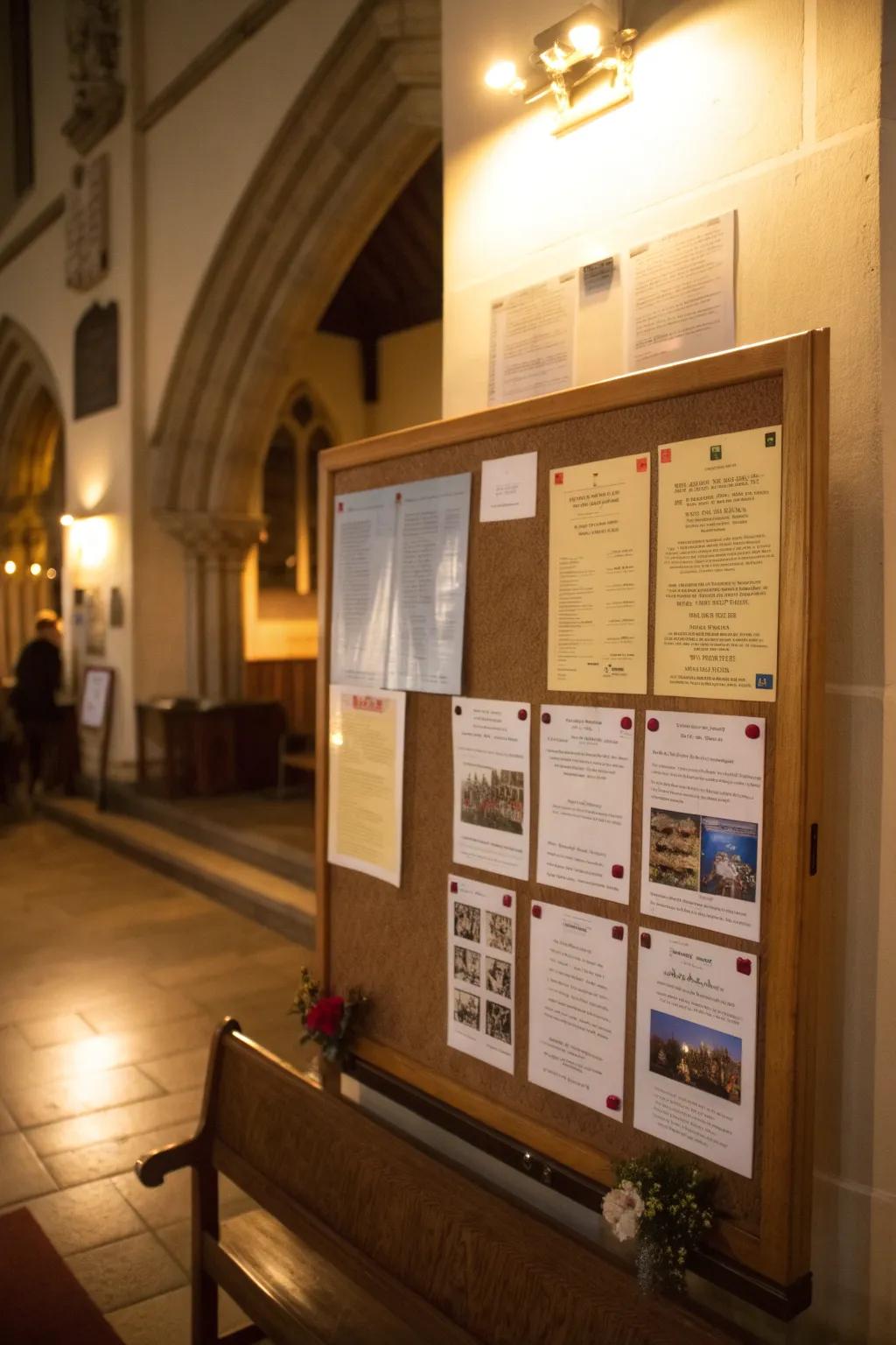 An informative bulletin board showcasing upcoming church activities.