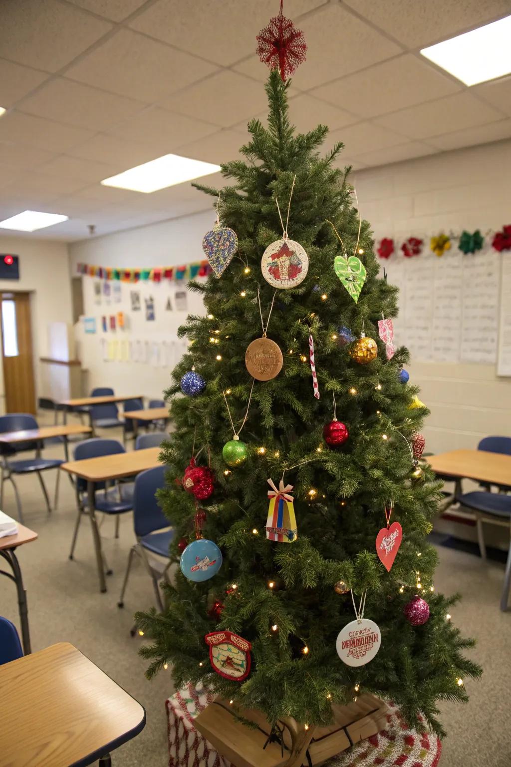 Christmas tree decorated with student-created ornaments