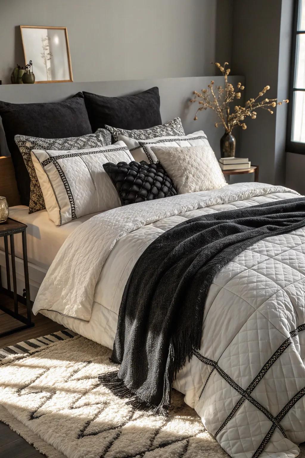 A comfortable, appealing aesthetic is achieved by the use of layered bedding.