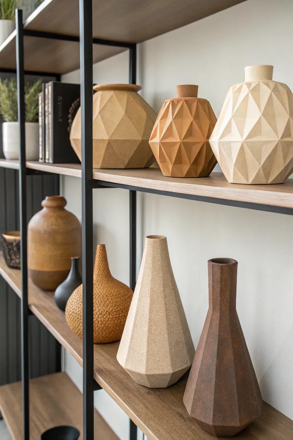 Mathematical-formed dirt pots giving current style to a contemporary space.