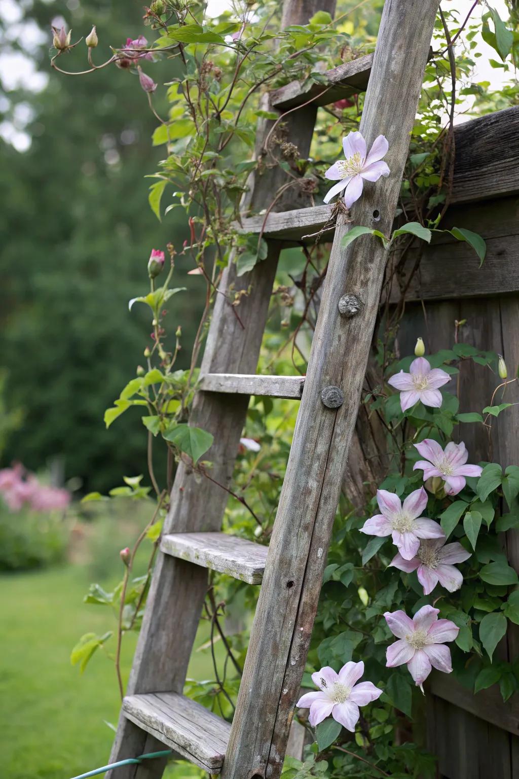 A repurposed ladder offers a charming support for clematis.