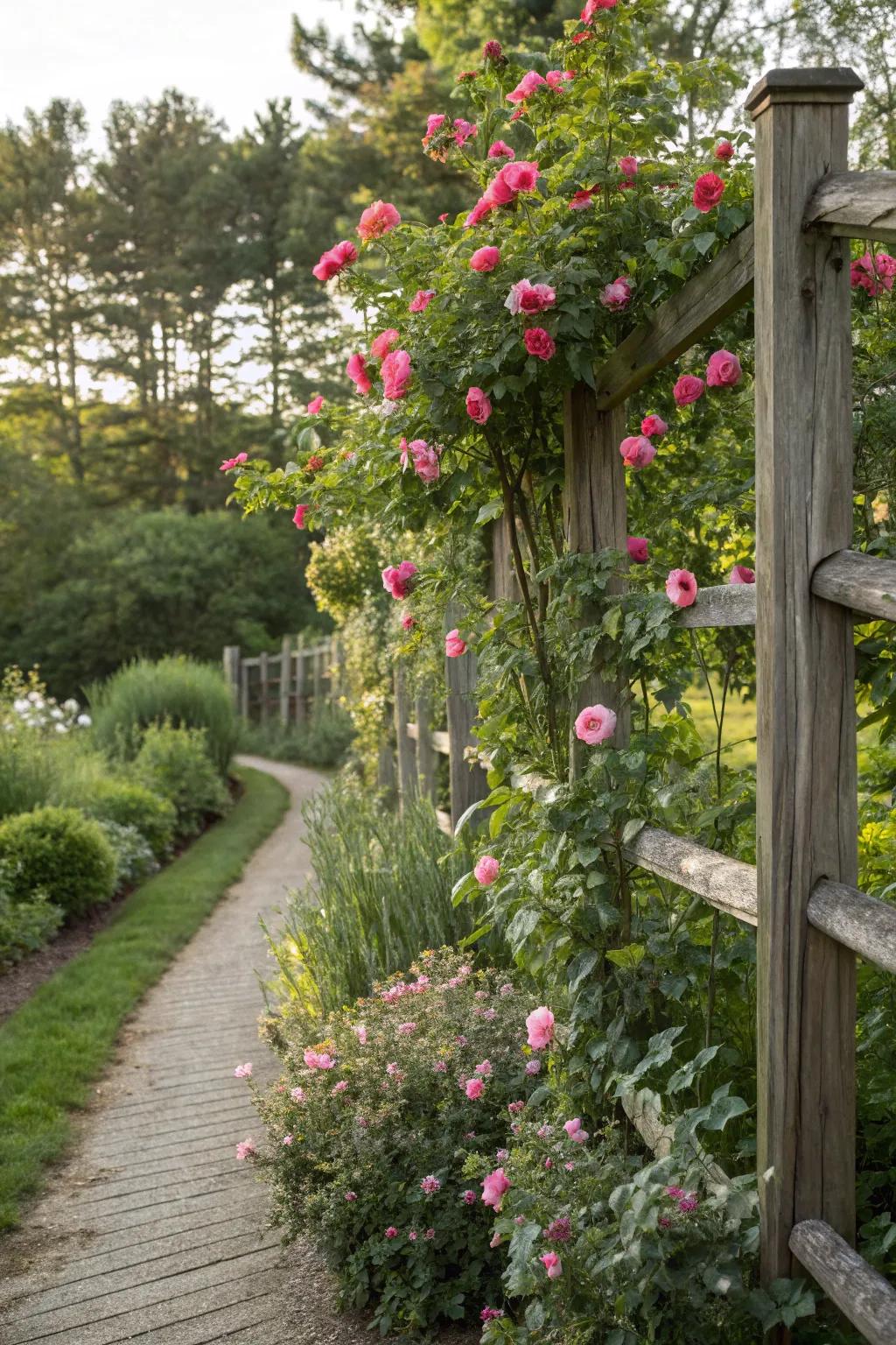 Achieve a seamless garden aesthetic with wild climbing roses.