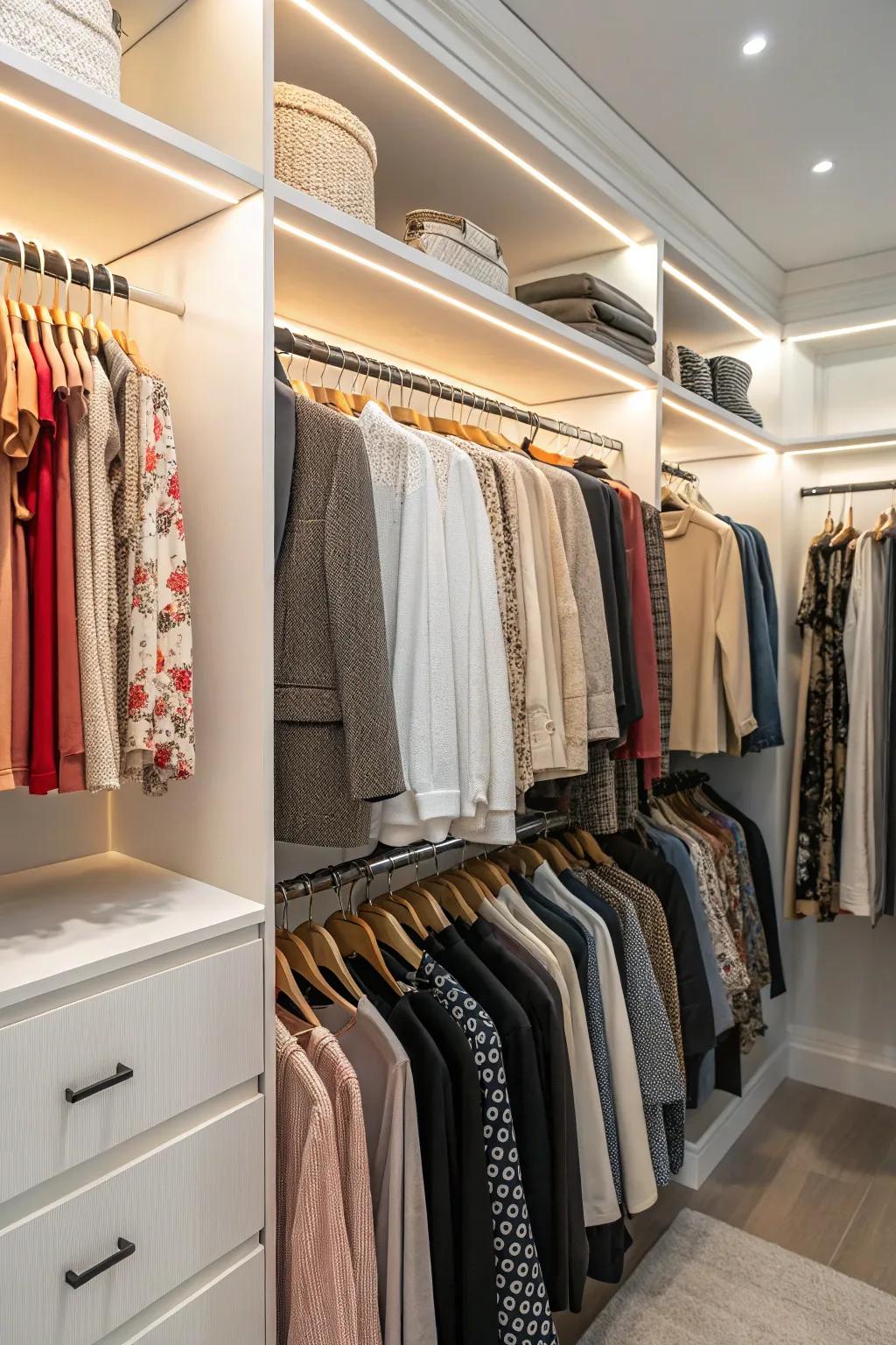 Tiered hangers double the hanging capacity in a compact space.