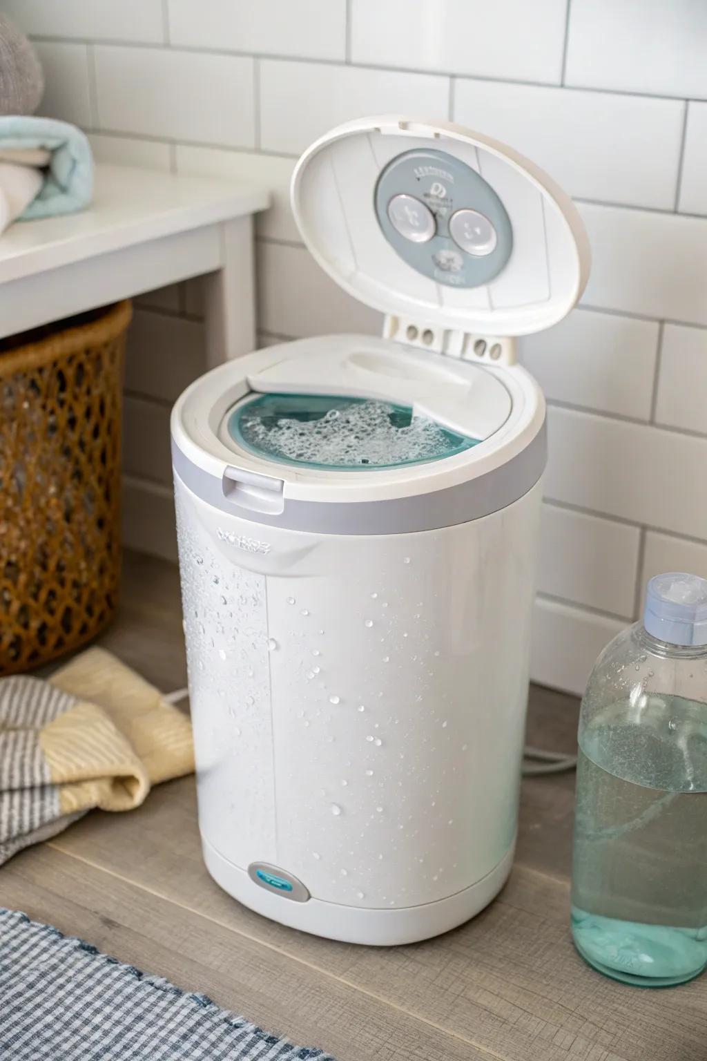 A sealed water immersion diaper bin, perfect for stain removal with added fragrance oils for freshness.