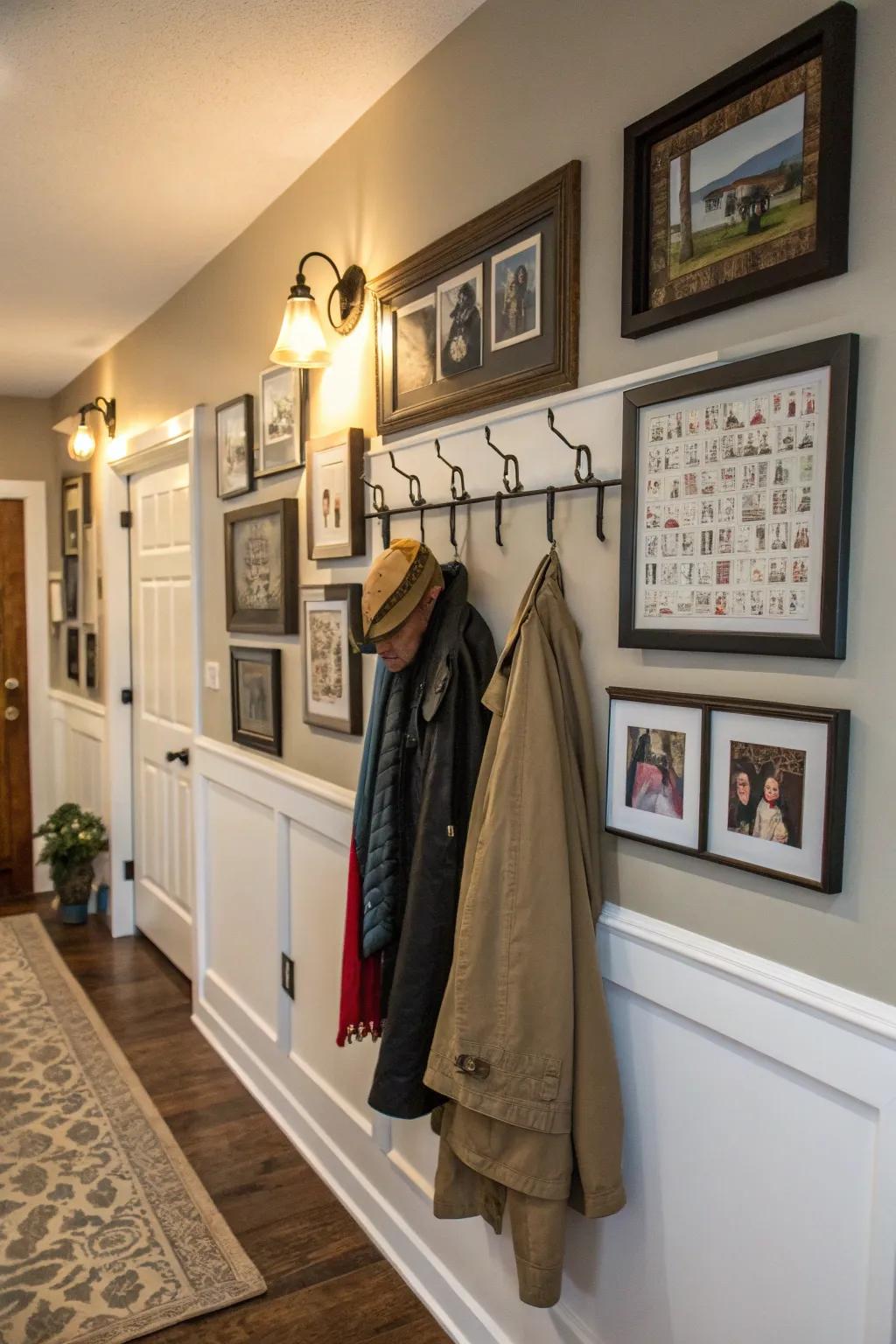 A gallery wall featuring integrated outwear fixtures for a personalized and artistic entryway.